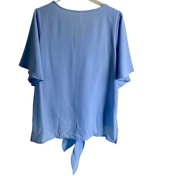 NY Collection Women's Elbow Sleeve V Neck Tie Front Blue Top Large NEW NWT - Picture 6 of 11